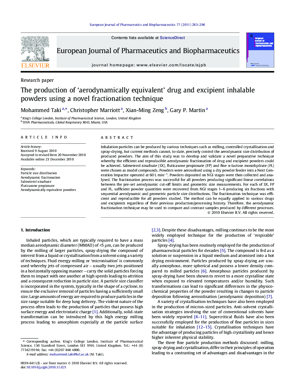 The production of 'aerodynamically equivalent' drug and excipient inhalable powders using a novel fractionation technique