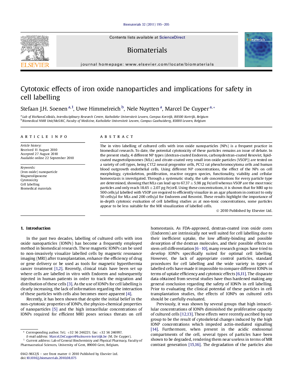 Cytotoxic effects of iron oxide nanoparticles and implications for safety in cell labelling