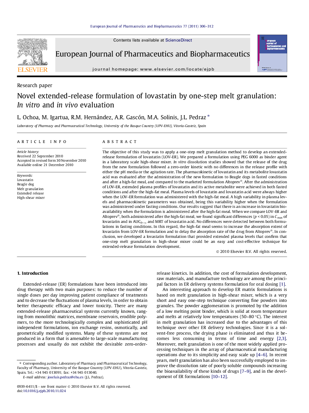 Novel extended-release formulation of lovastatin by one-step melt granulation: In vitro and in vivo evaluation