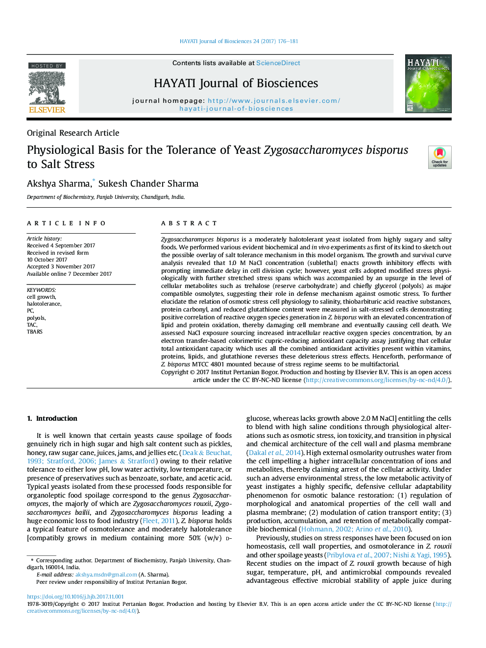 Physiological Basis for the Tolerance of Yeast Zygosaccharomyces bisporus to Salt Stress