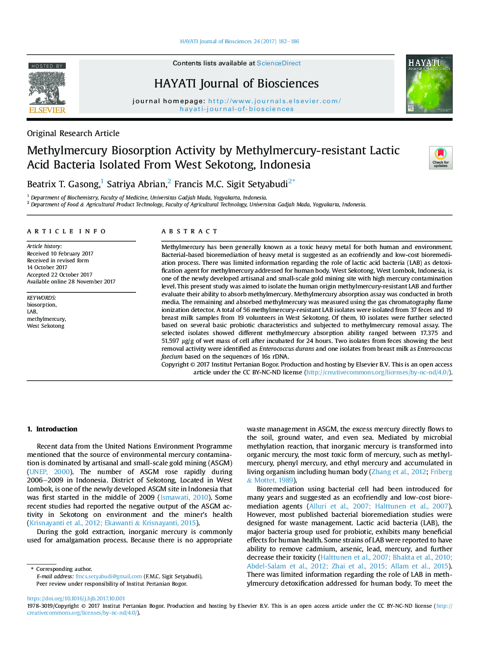 Methylmercury Biosorption Activity by Methylmercury-resistant Lactic Acid Bacteria Isolated From West Sekotong, Indonesia