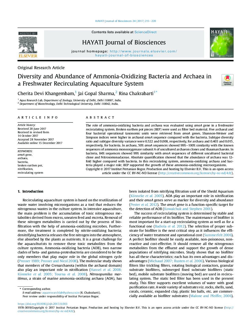 Diversity and Abundance of Ammonia-Oxidizing Bacteria and Archaea in a Freshwater Recirculating Aquaculture System