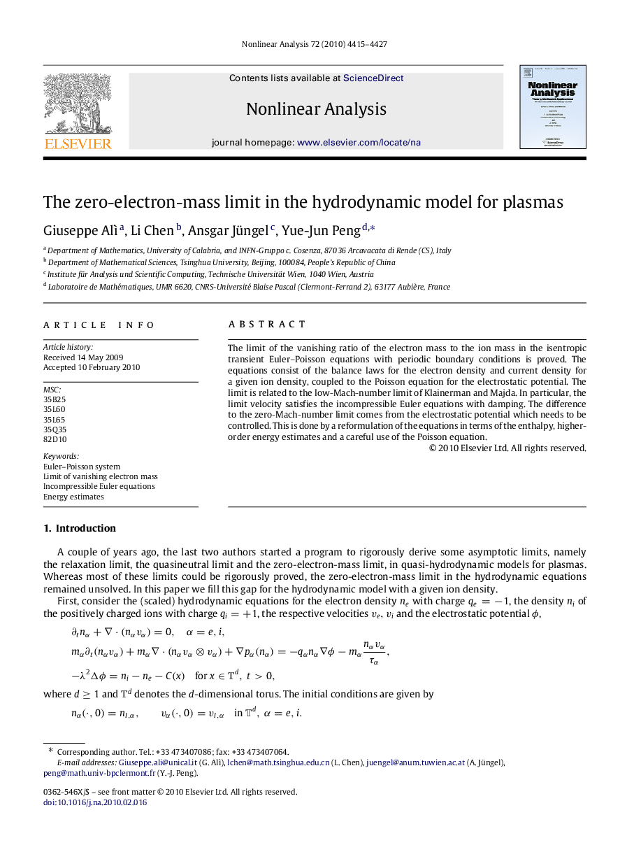 The zero-electron-mass limit in the hydrodynamic model for plasmas