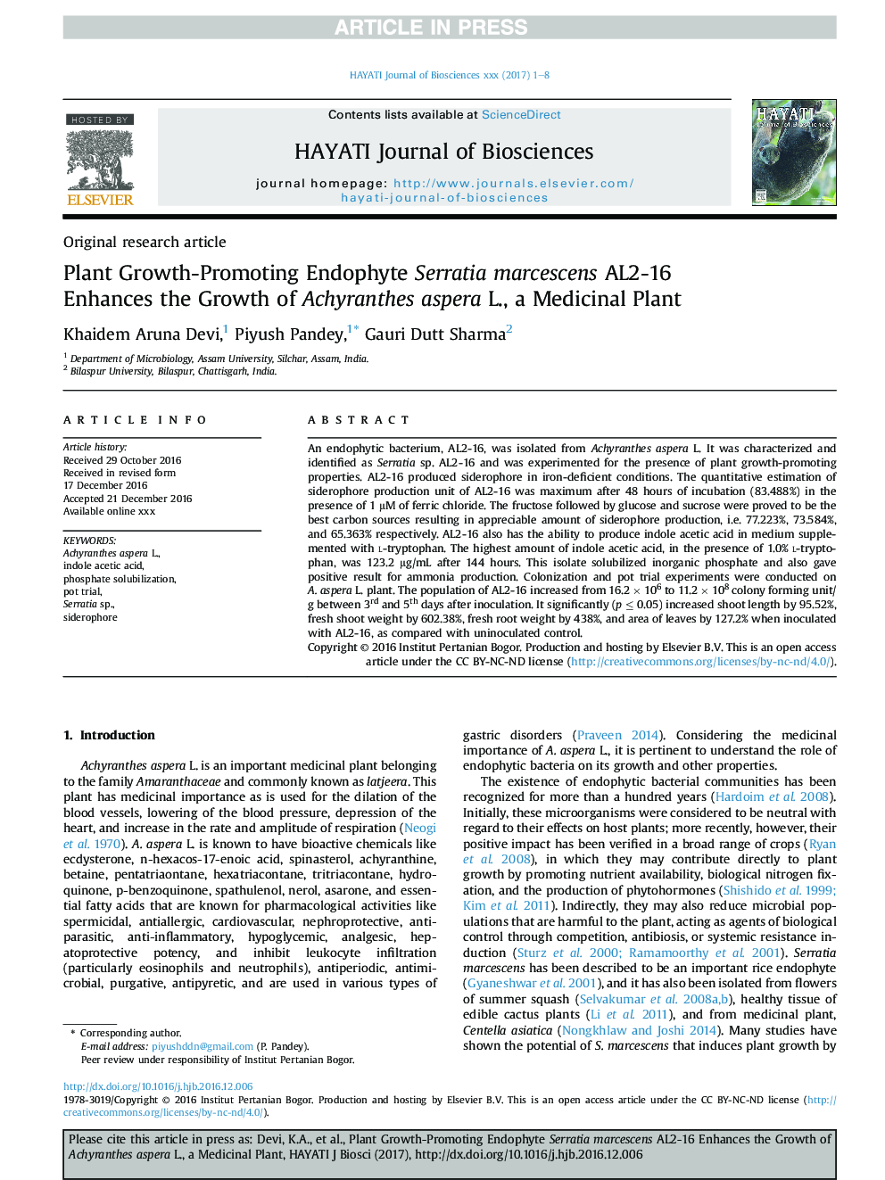 Plant Growth-Promoting Endophyte Serratia marcescens AL2-16 Enhances the Growth of Achyranthes aspera L., a Medicinal Plant