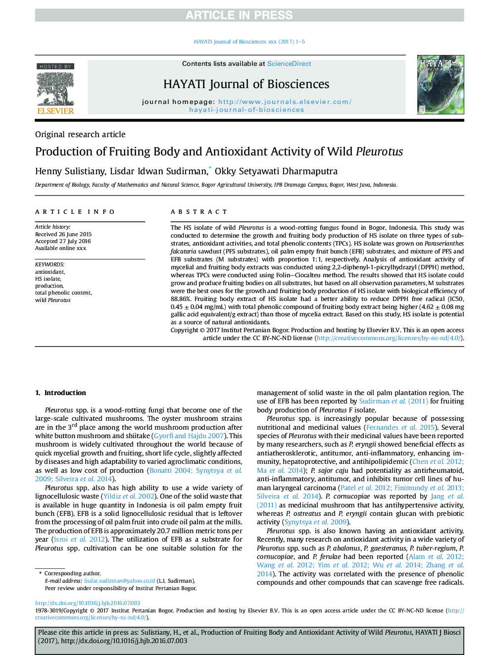 Production of Fruiting Body and Antioxidant Activity of Wild Pleurotus