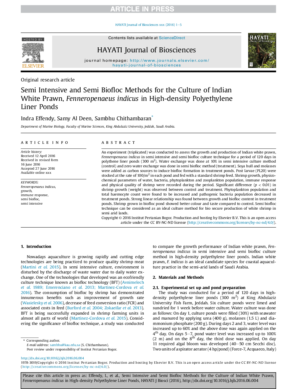 عکس صفحه اول مقاله: Semi Intensive and Semi Biofloc Methods for the Culture of Indian White Prawn, Fenneropenaeus indicus in High-density Polyethylene Liner Ponds Semi Intensive and Semi Biofloc Methods for the Culture of Indian White Prawn, Fenneropenaeus indicus in High-density Polyethylene Liner Ponds