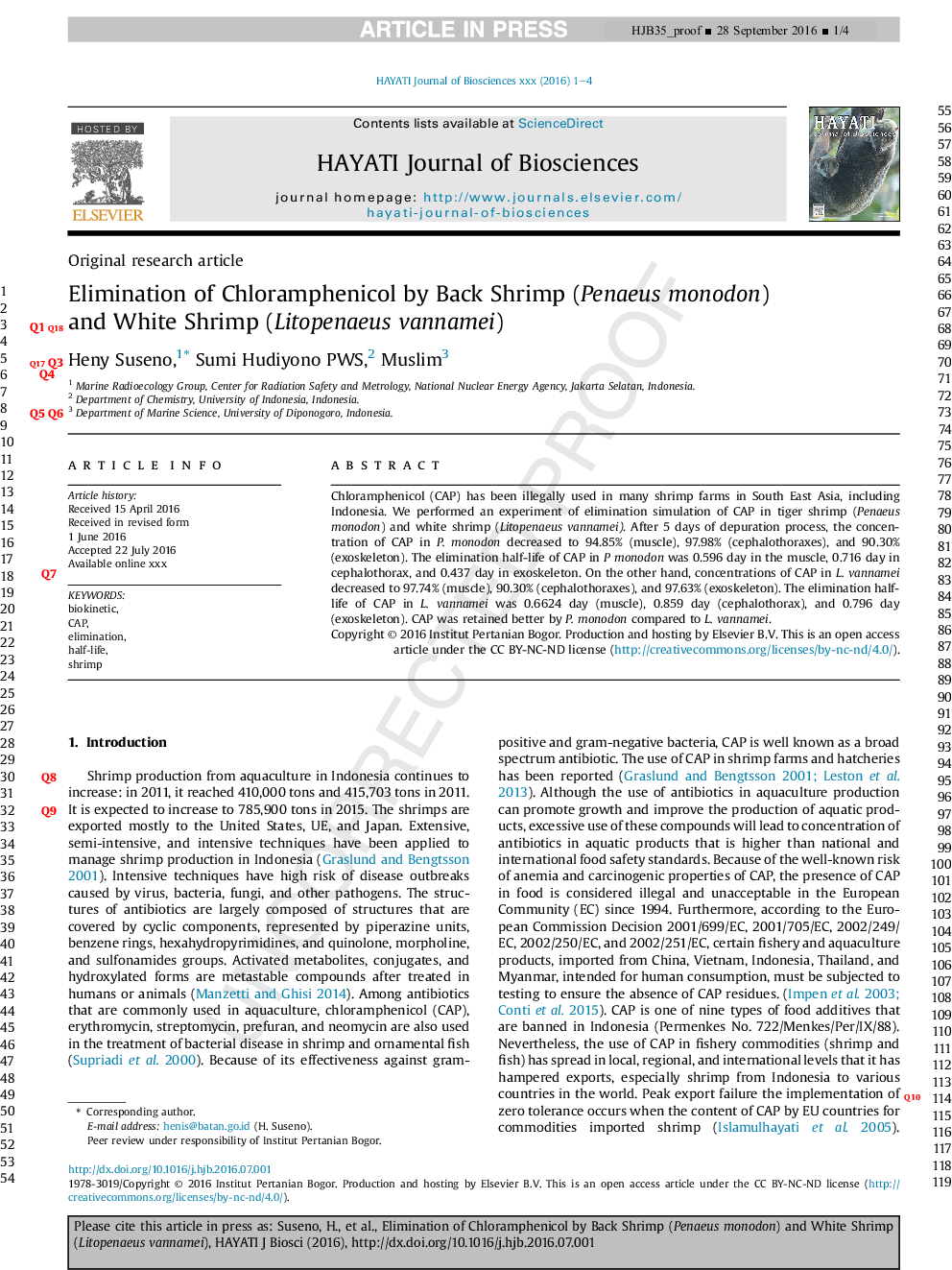 Elimination of Chloramphenicol by Tiger Shrimp (Penaeus monodon) and White Shrimp (Litopenaeus vannamei)