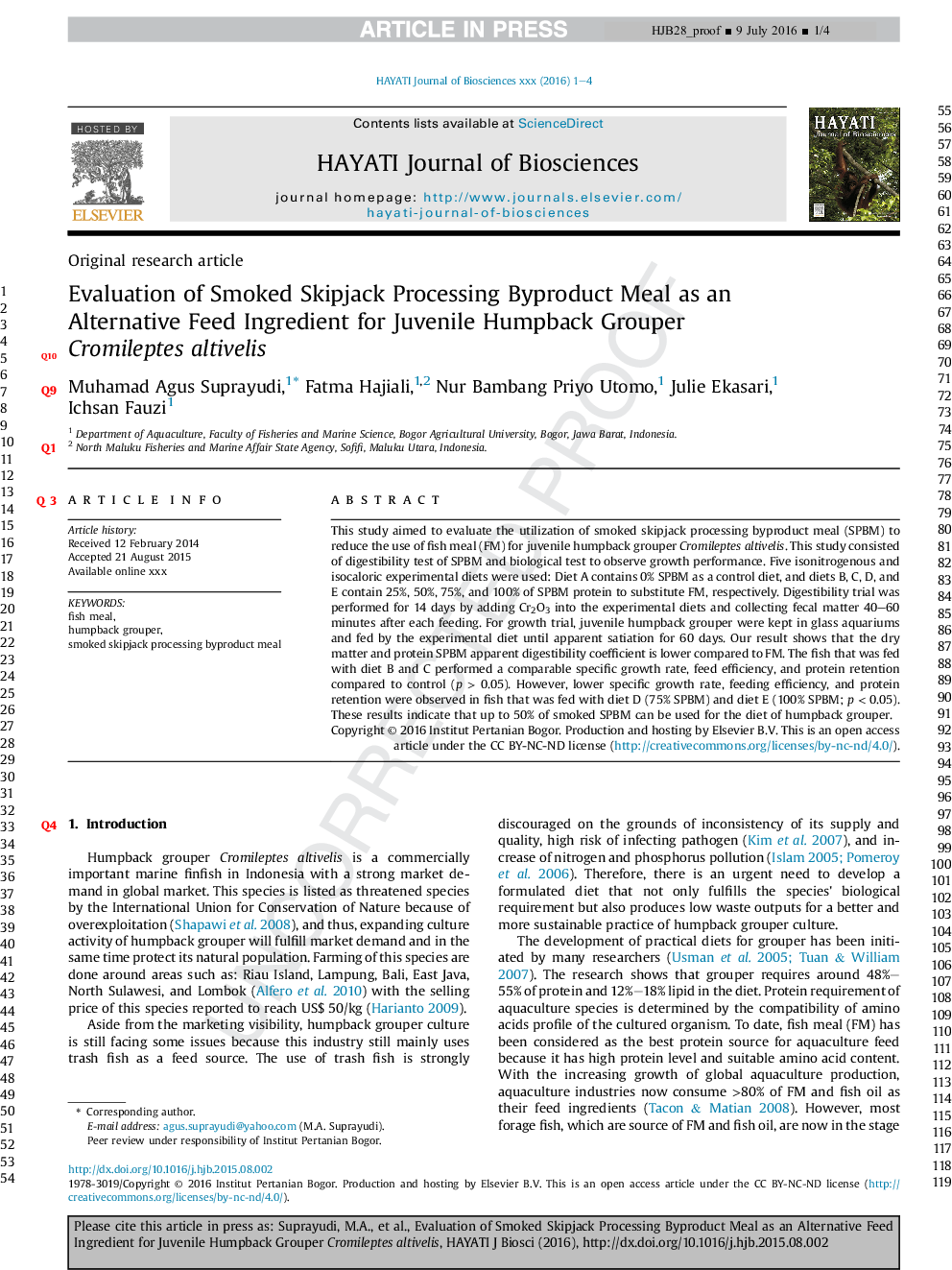 Evaluation of Smoked Skipjack Processing Byproduct Meal as an Alternative Feed Ingredient for Juvenile Humpback Grouper Cromileptes altivelis