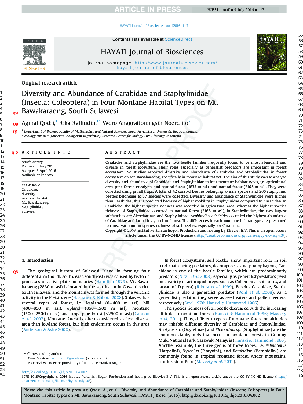 Diversity and Abundance of Carabidae and Staphylinidae (Insecta:Â Coleoptera) in Four Montane Habitat Types on Mt. Bawakaraeng, South Sulawesi