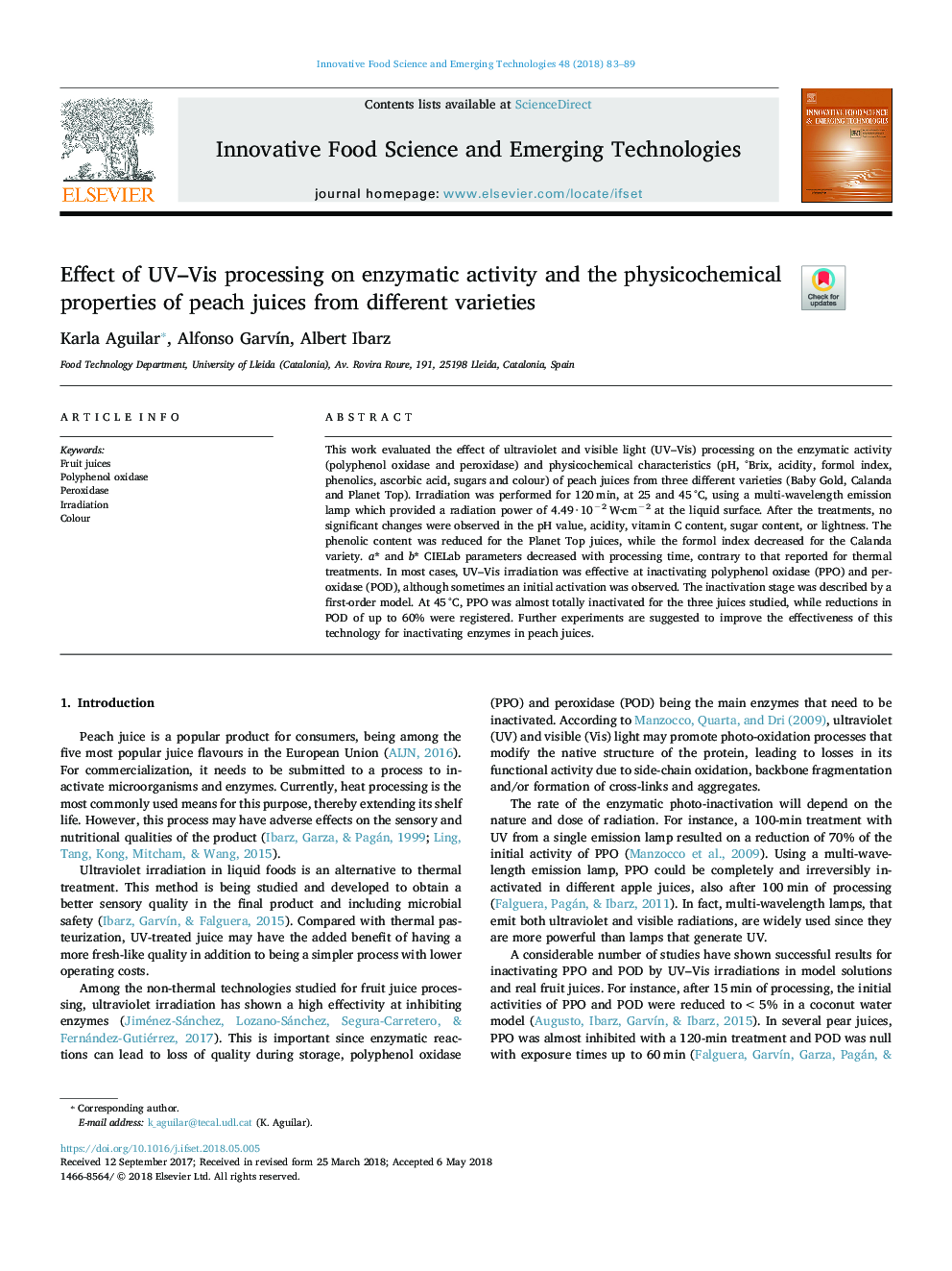 Effect of UV-Vis processing on enzymatic activity and the physicochemical properties of peach juices from different varieties