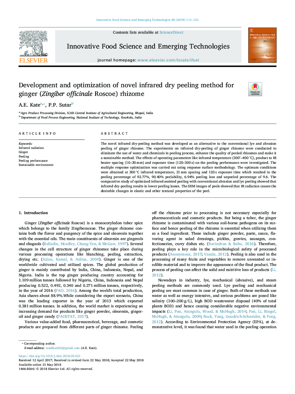 Development and optimization of novel infrared dry peeling method for ginger (Zingiber officinale Roscoe) rhizome