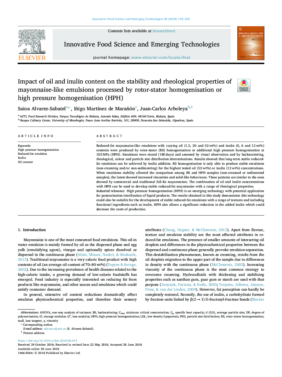 Impact of oil and inulin content on the stability and rheological properties of mayonnaise-like emulsions processed by rotor-stator homogenisation or high pressure homogenisation (HPH)