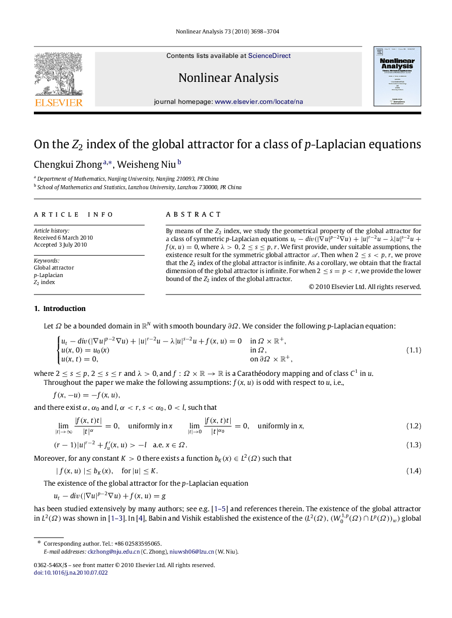 On the Z2Z2 index of the global attractor for a class of pp-Laplacian equations