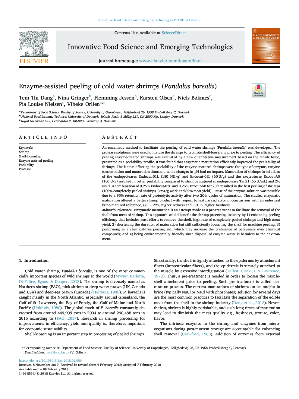 Enzyme-assisted peeling of cold water shrimps (Pandalus borealis)