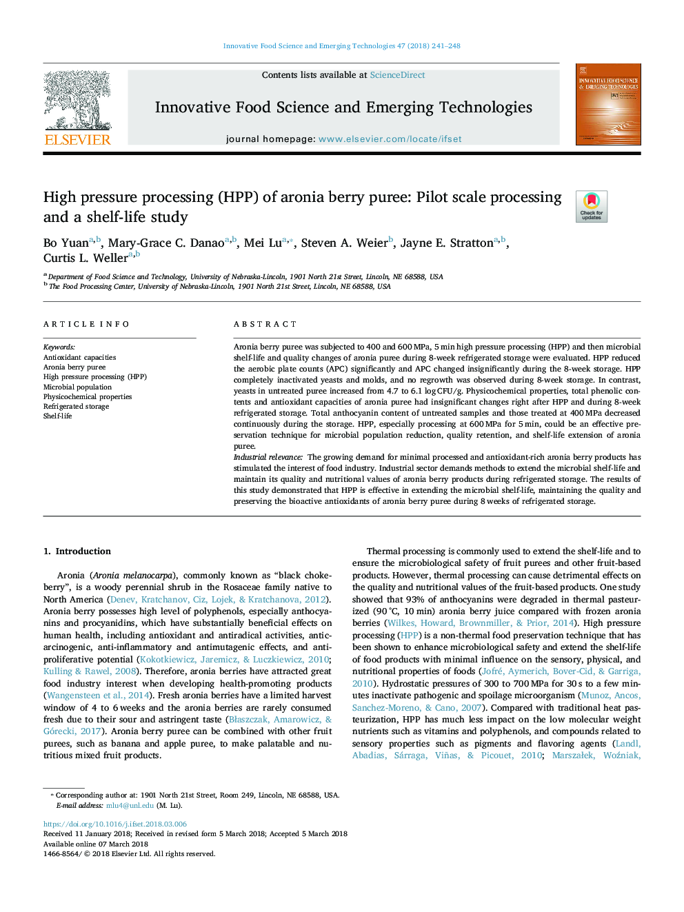 High pressure processing (HPP) of aronia berry puree: Pilot scale processing and a shelf-life study