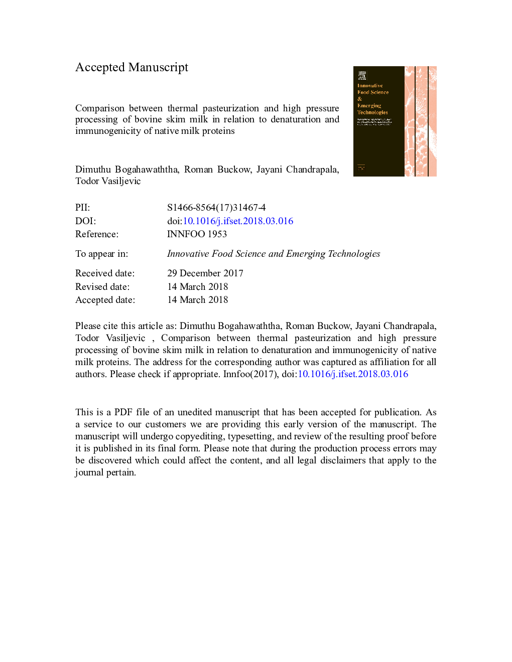 Comparison between thermal pasteurization and high pressure processing of bovine skim milk in relation to denaturation and immunogenicity of native milk proteins