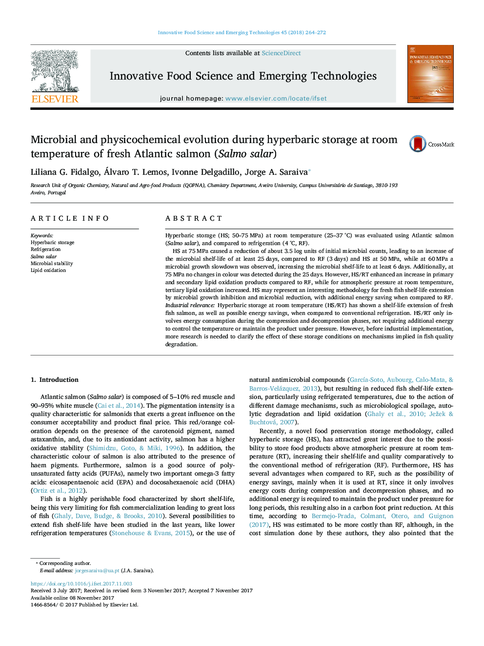 Microbial and physicochemical evolution during hyperbaric storage at room temperature of fresh Atlantic salmon (Salmo salar)