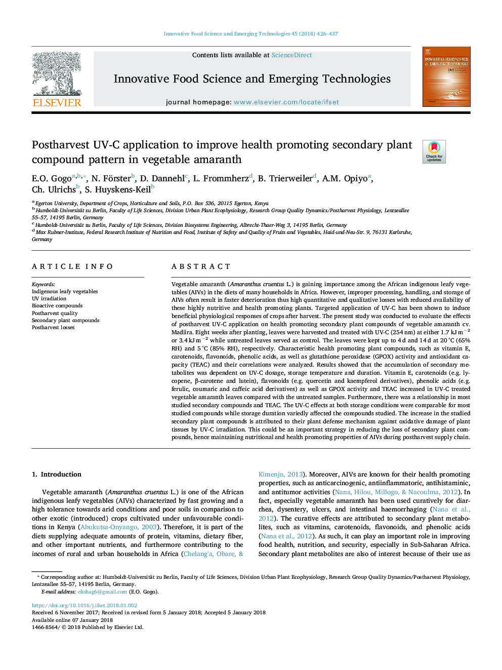 Postharvest UV-C application to improve health promoting secondary plant compound pattern in vegetable amaranth