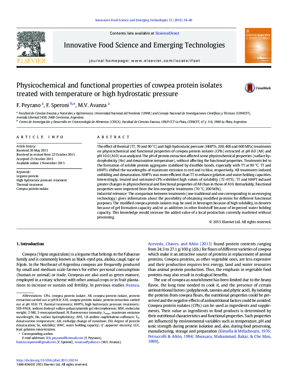 Physicochemical and functional properties of cowpea protein isolates treated with temperature or high hydrostatic pressure