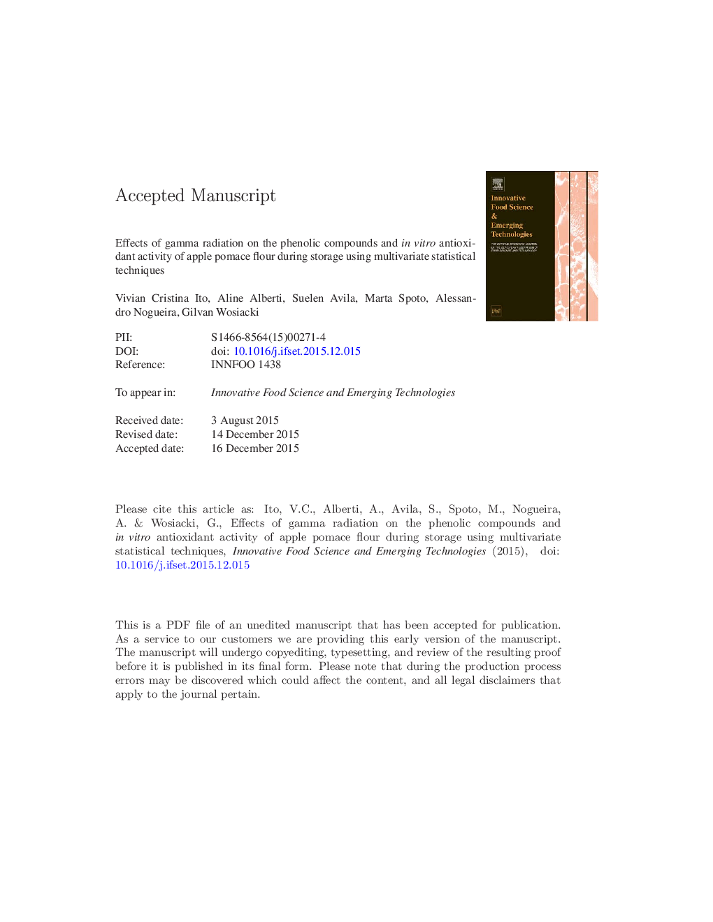 Effects of gamma radiation on the phenolic compounds and in vitro antioxidant activity of apple pomace flour during storage using multivariate statistical techniques