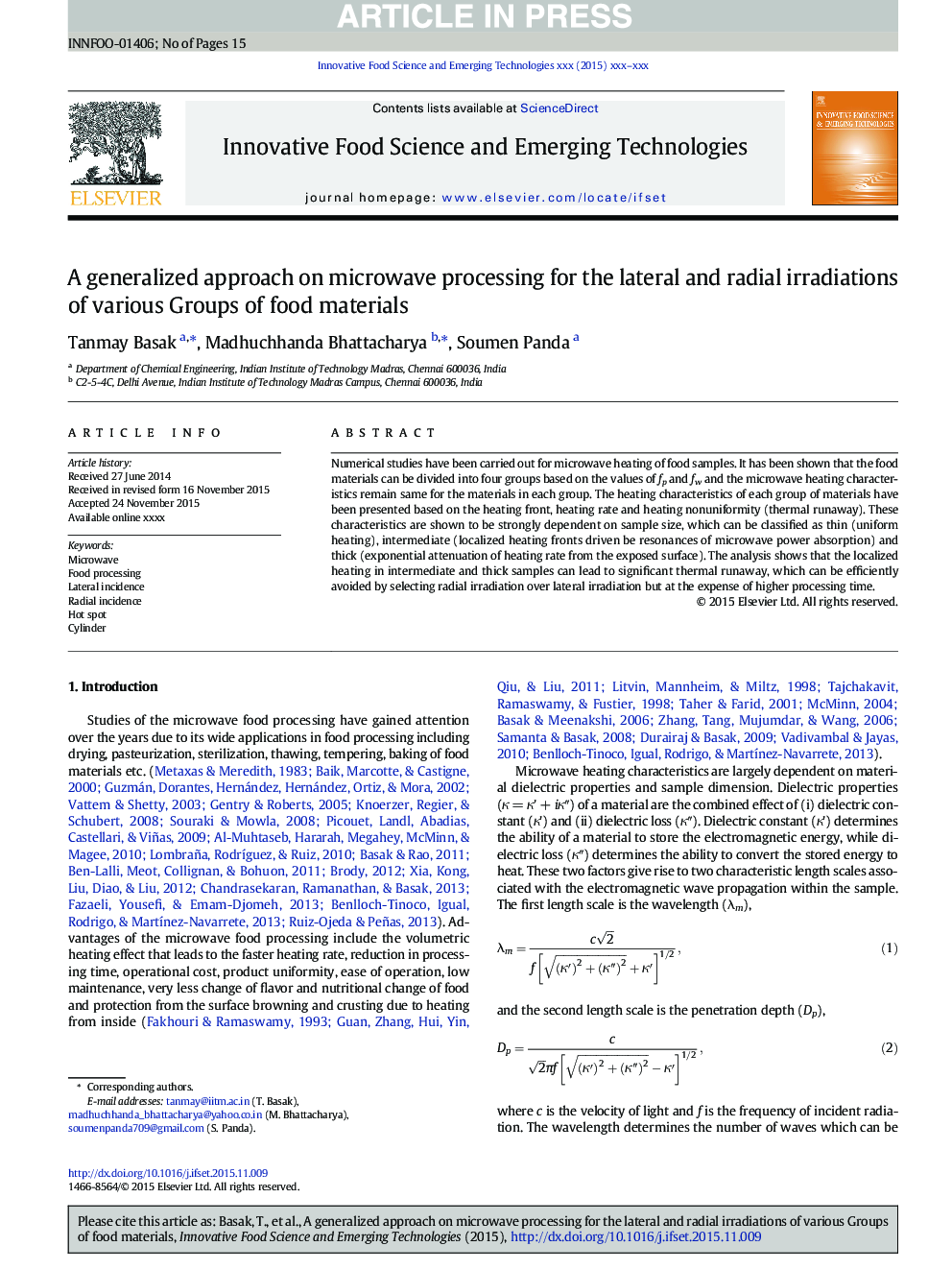 A generalized approach on microwave processing for the lateral and radial irradiations of various Groups of food materials