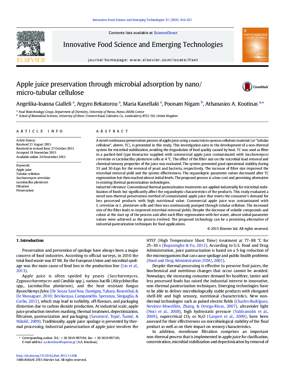 Apple juice preservation through microbial adsorption by nano/micro-tubular cellulose