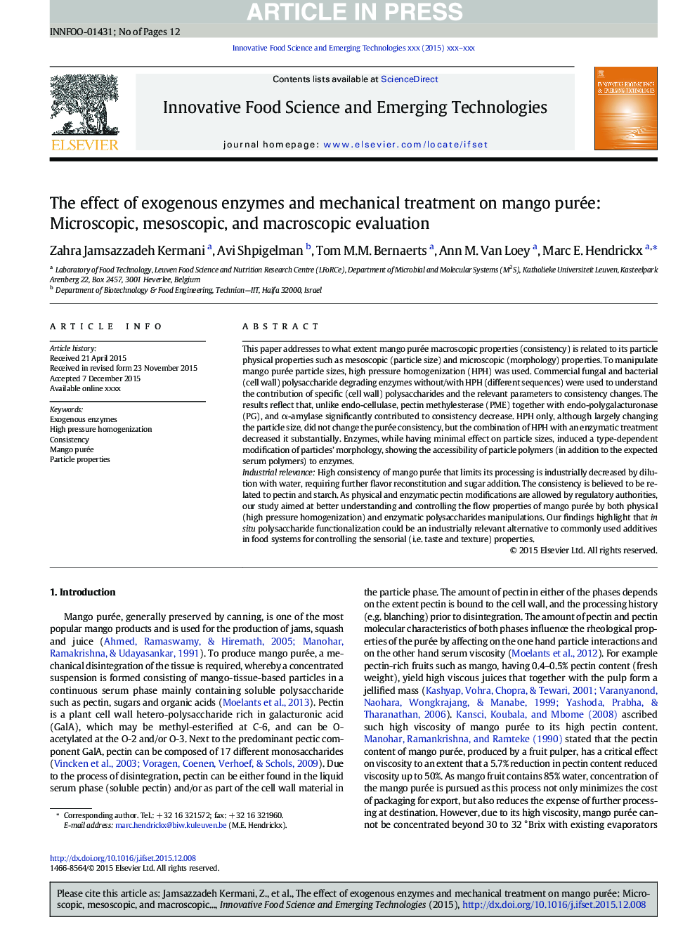 The effect of exogenous enzymes and mechanical treatment on mango purée: Microscopic, mesoscopic, and macroscopic evaluation