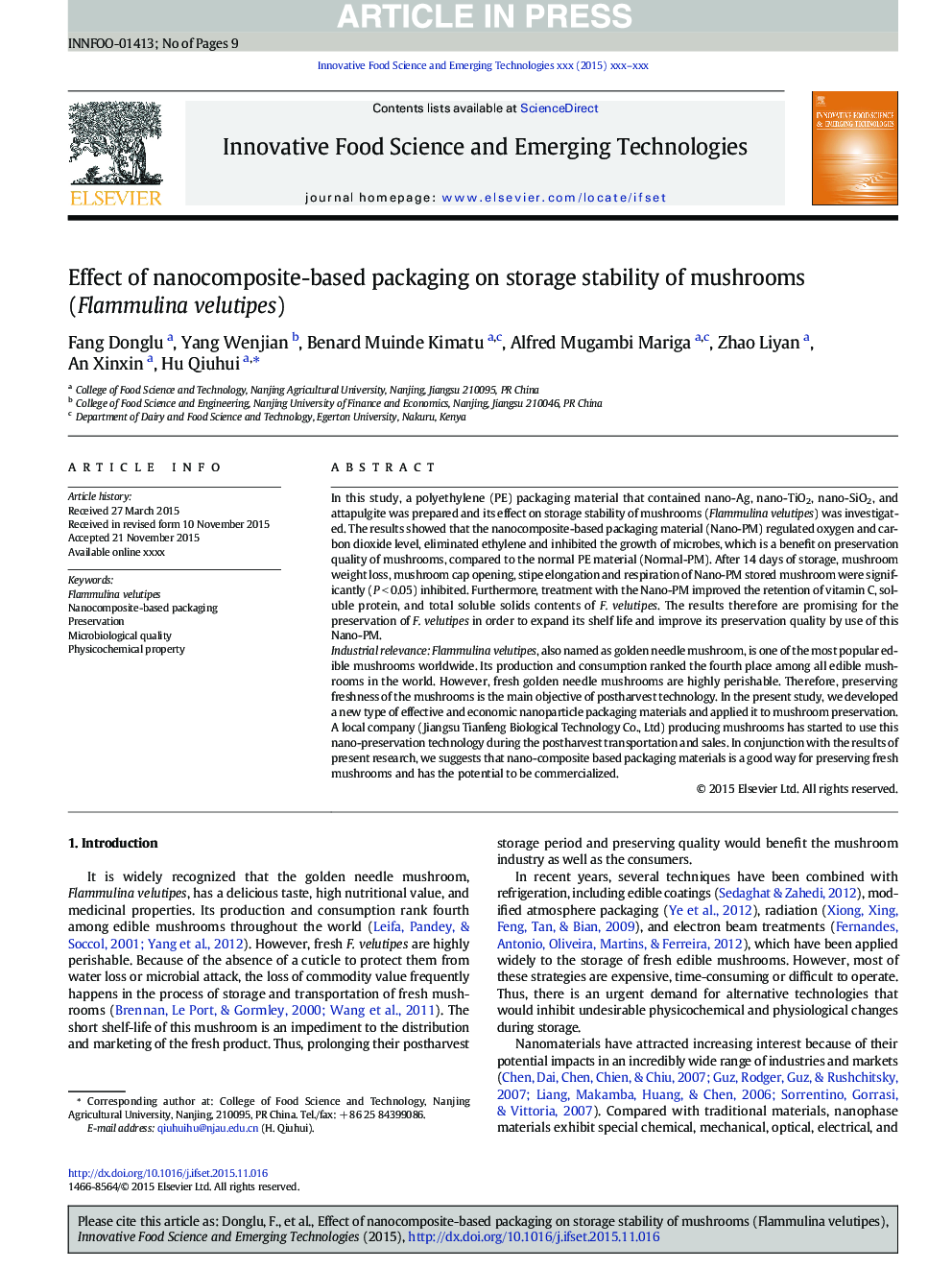 Effect of nanocomposite-based packaging on storage stability of mushrooms (Flammulina velutipes)