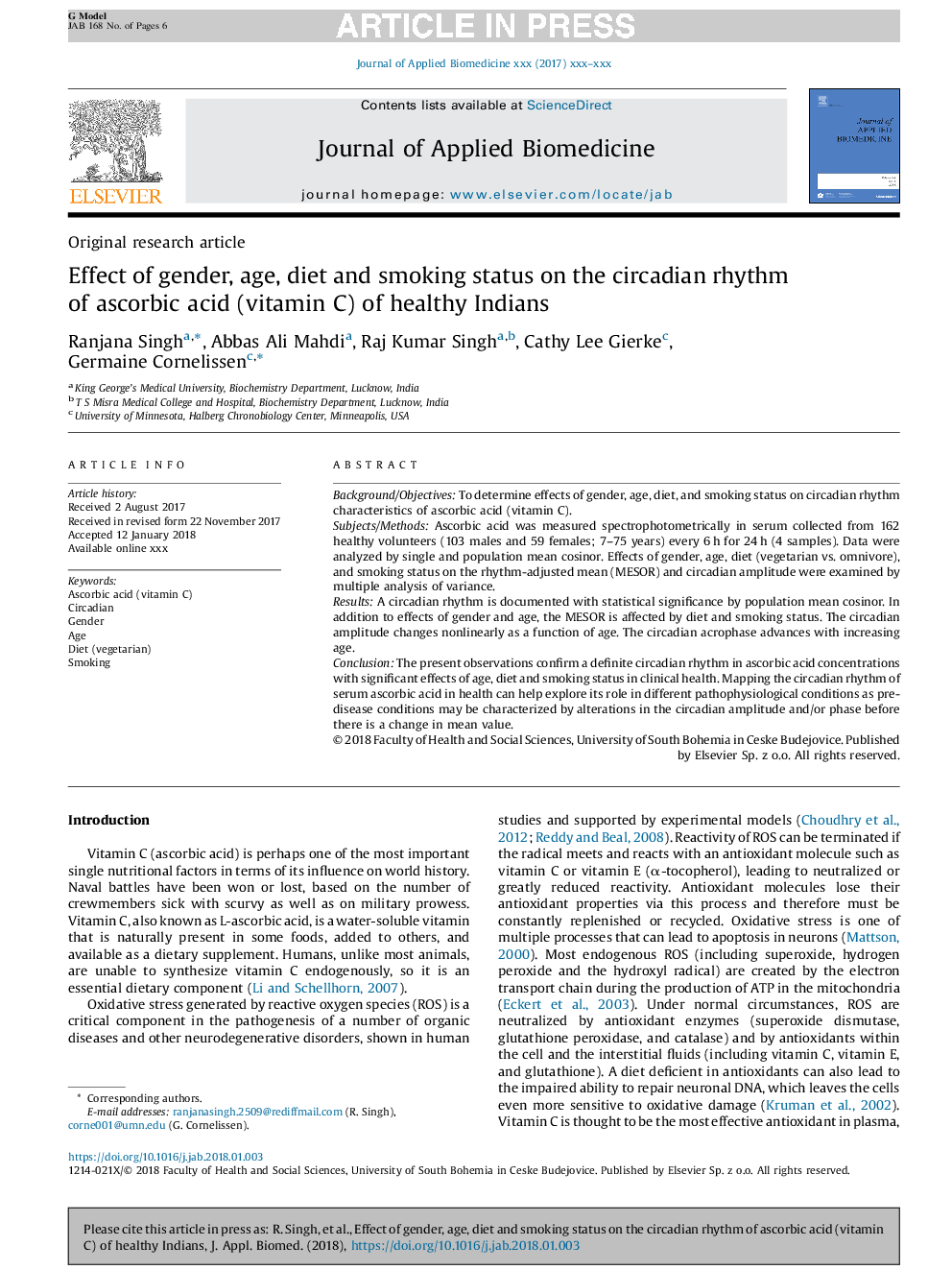 Effect of gender, age, diet and smoking status on the circadian rhythm of ascorbic acid (vitamin C) of healthy Indians