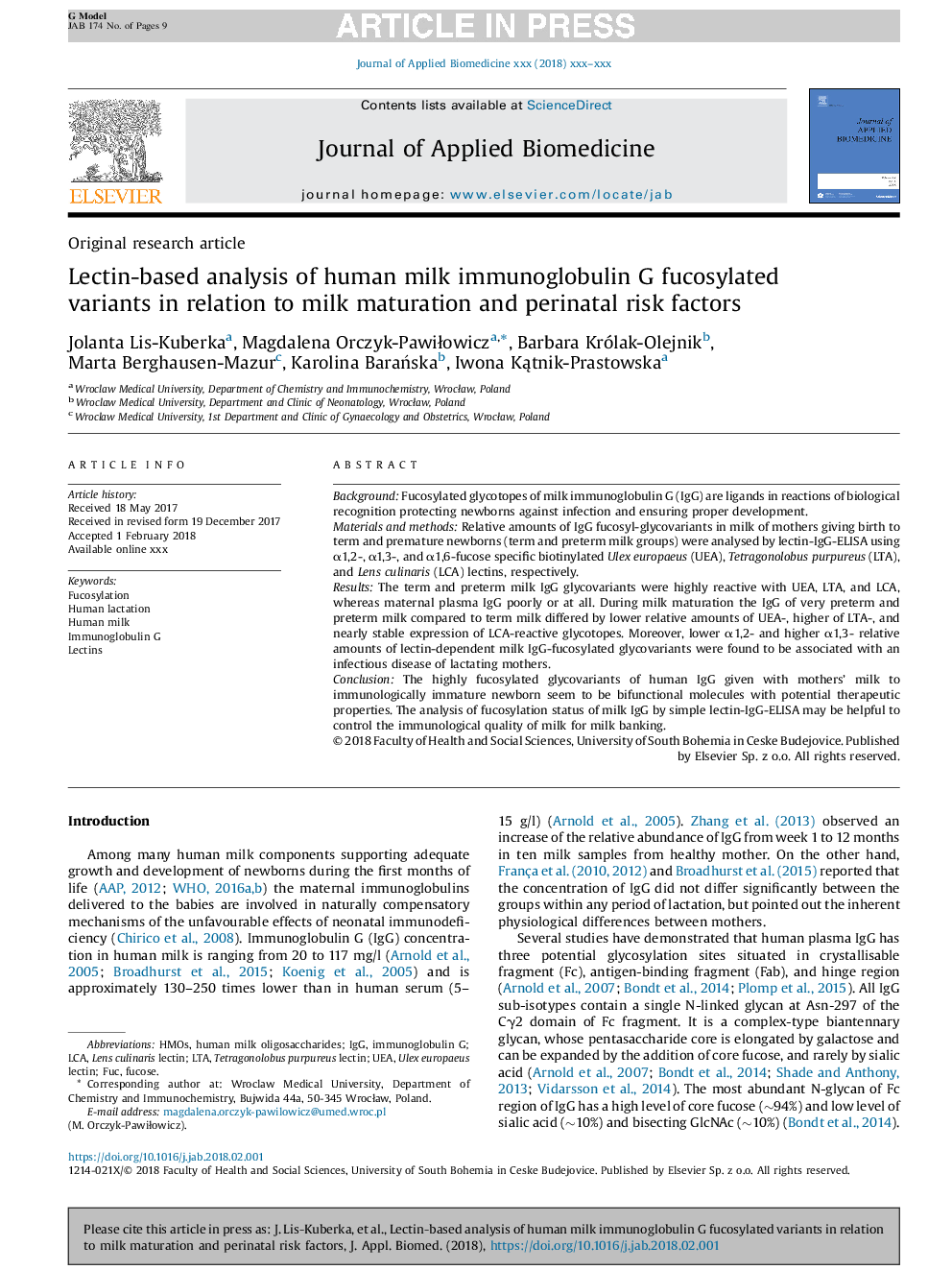 Lectin-based analysis of human milk immunoglobulin G fucosylated variants in relation to milk maturation and perinatal risk factors