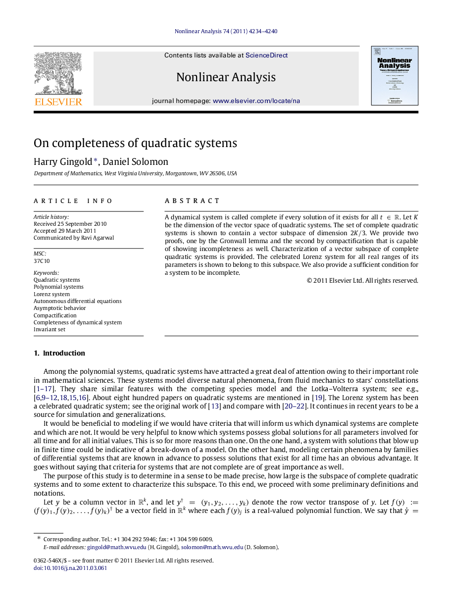 On completeness of quadratic systems