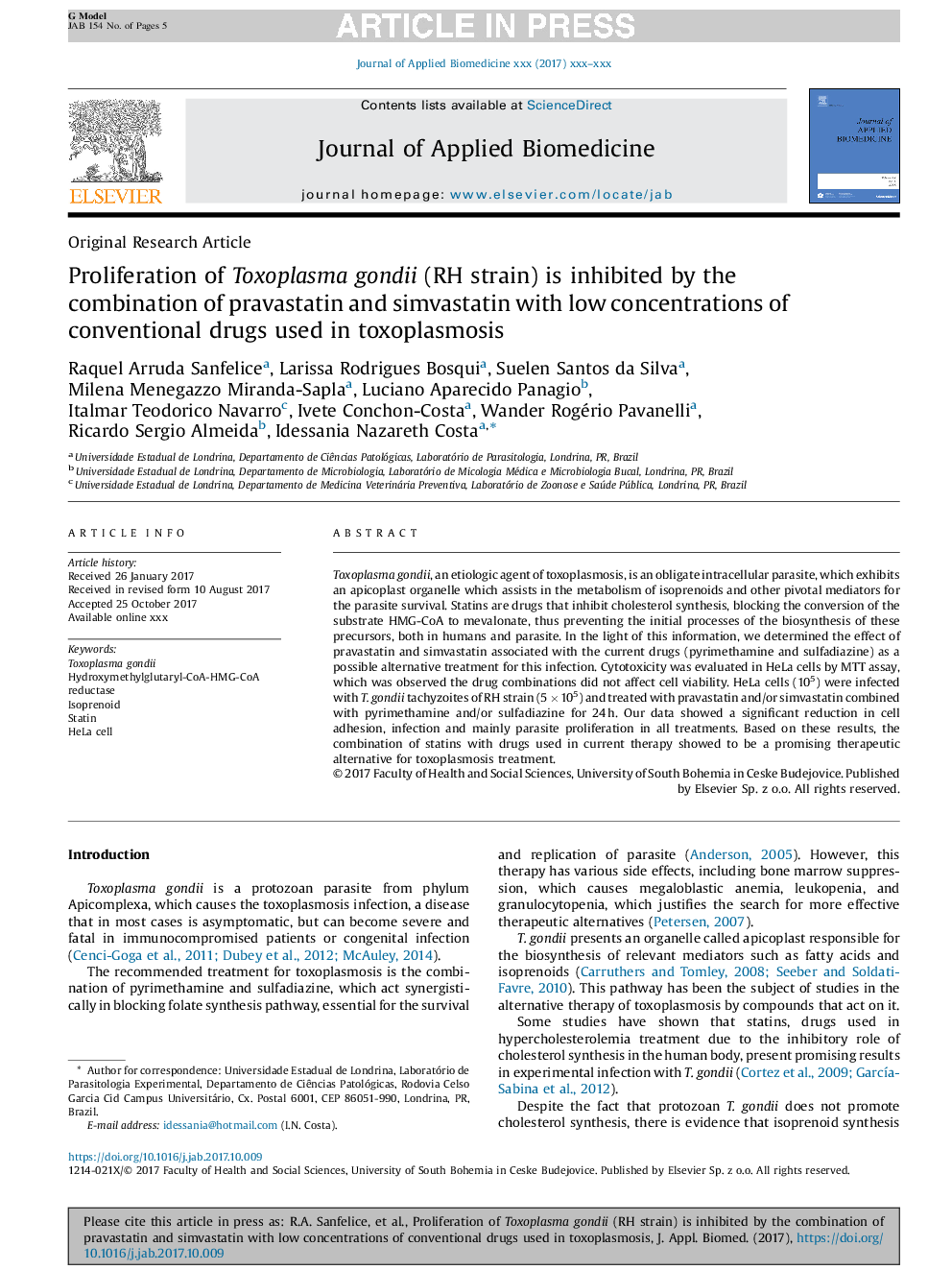 Proliferation of Toxoplasma gondii (RH strain) is inhibited by the combination of pravastatin and simvastatin with low concentrations of conventional drugs used in toxoplasmosis