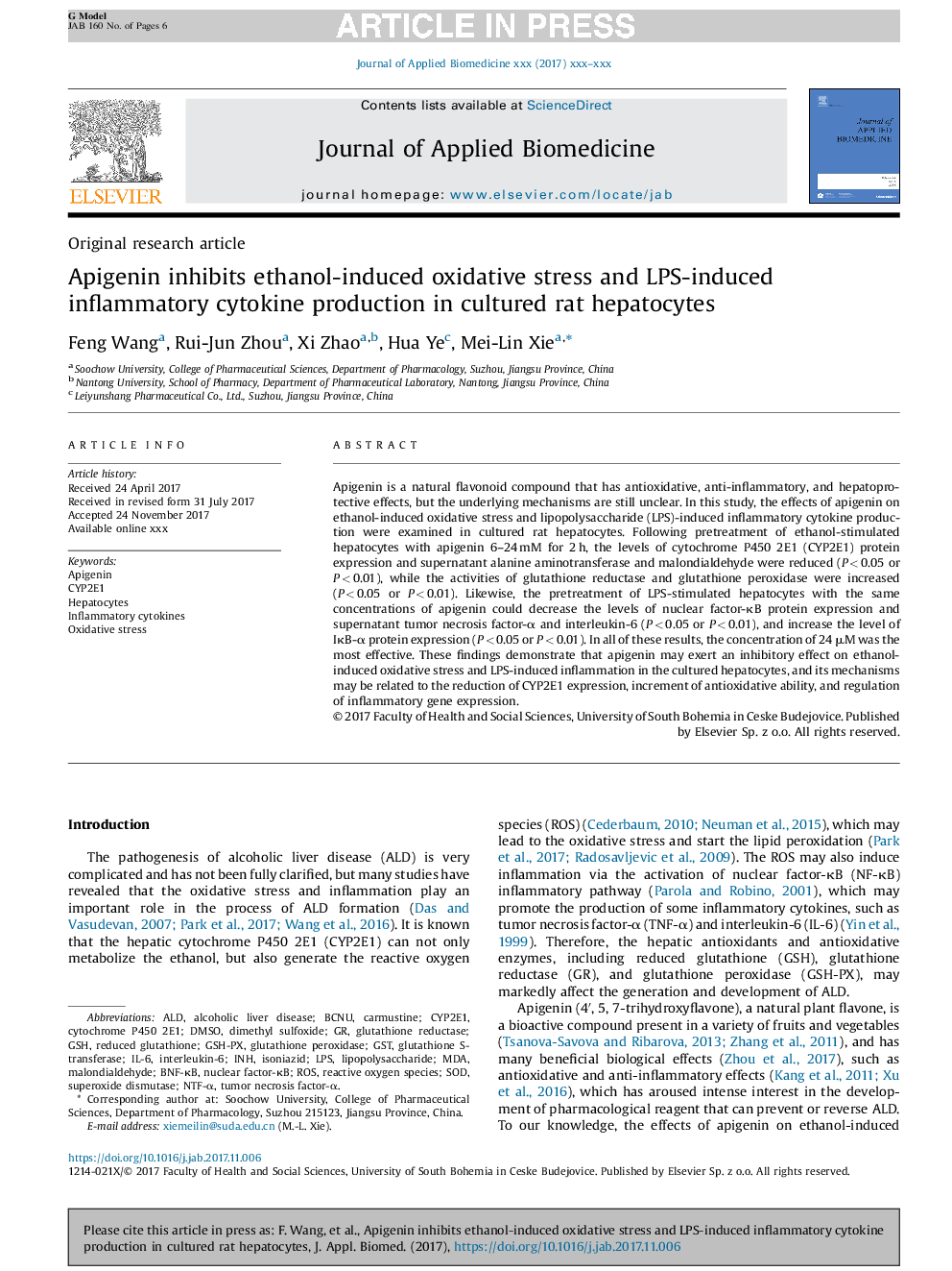 Apigenin inhibits ethanol-induced oxidative stress and LPS-induced inflammatory cytokine production in cultured rat hepatocytes