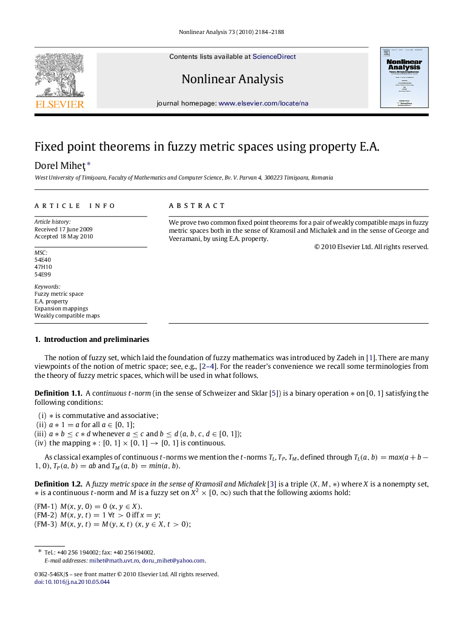 Fixed point theorems in fuzzy metric spaces using property E.A.