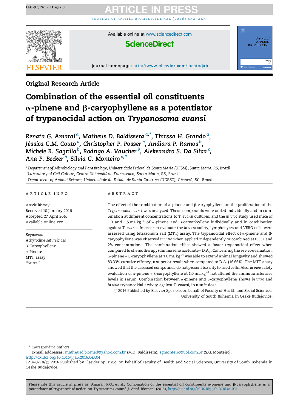 Combination of the essential oil constituents Î±-pinene and Î²-caryophyllene as a potentiator of trypanocidal action on Trypanosoma evansi