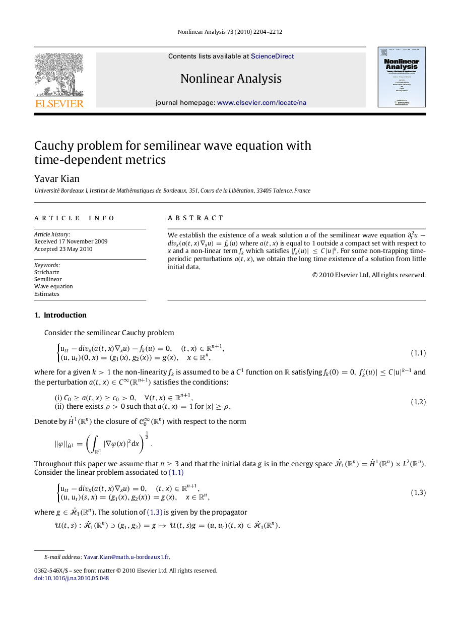 Cauchy problem for semilinear wave equation with time-dependent metrics