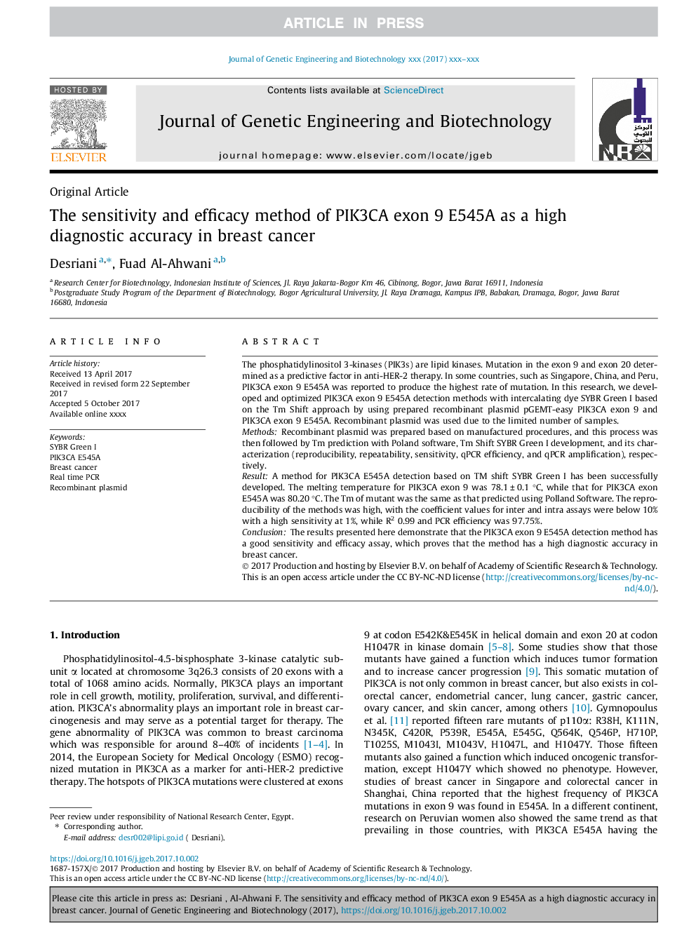 The sensitivity and efficacy method of PIK3CA exon 9 E545A as a high diagnostic accuracy in breast cancer