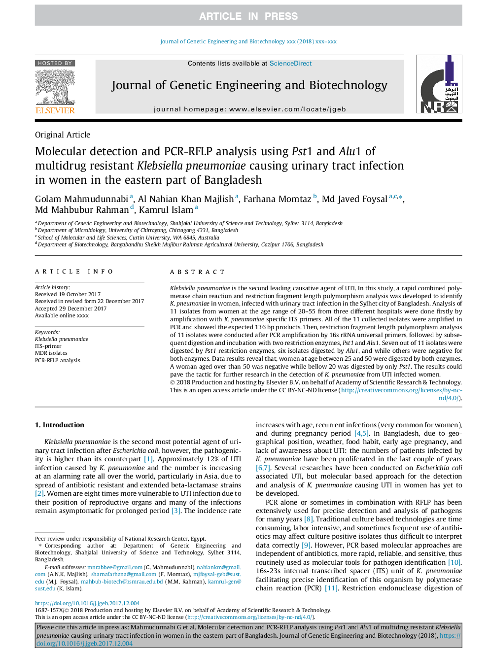 Molecular detection and PCR-RFLP analysis using Pst1 and Alu1 of multidrug resistant Klebsiella pneumoniae causing urinary tract infection in women in the eastern part of Bangladesh