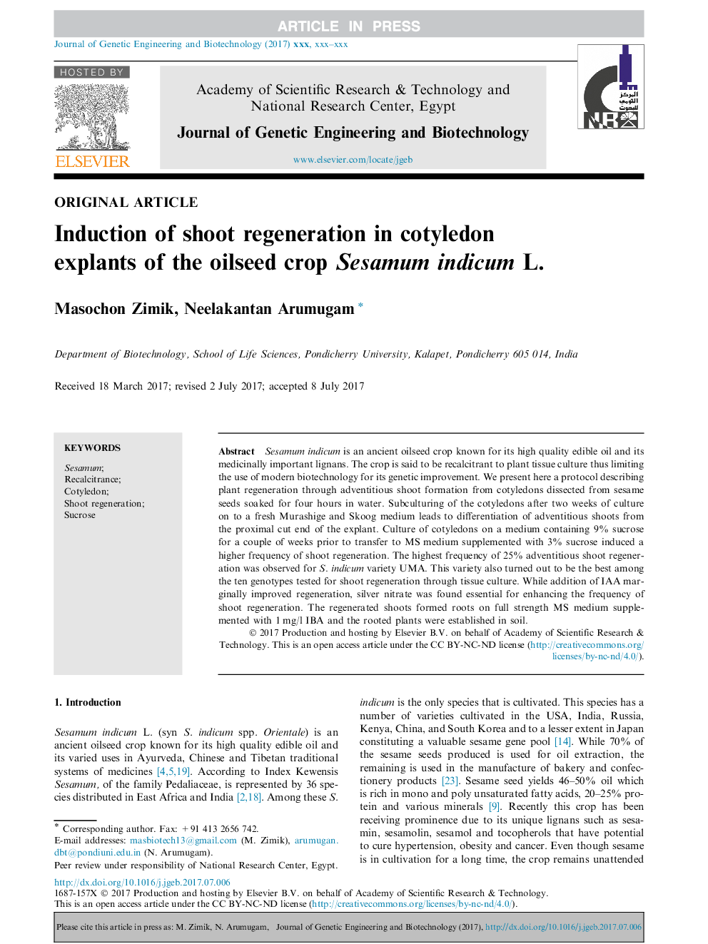 Induction of shoot regeneration in cotyledon explants of the oilseed crop Sesamum indicum L.