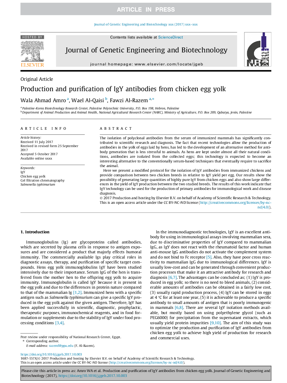 Production and purification of IgY antibodies from chicken egg yolk