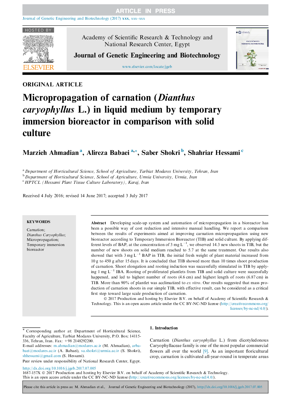 Micropropagation of carnation (Dianthus caryophyllus L.) in liquid medium by temporary immersion bioreactor in comparison with solid culture