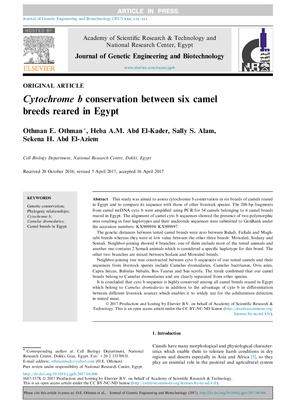 Cytochrome b conservation between six camel breeds reared in Egypt