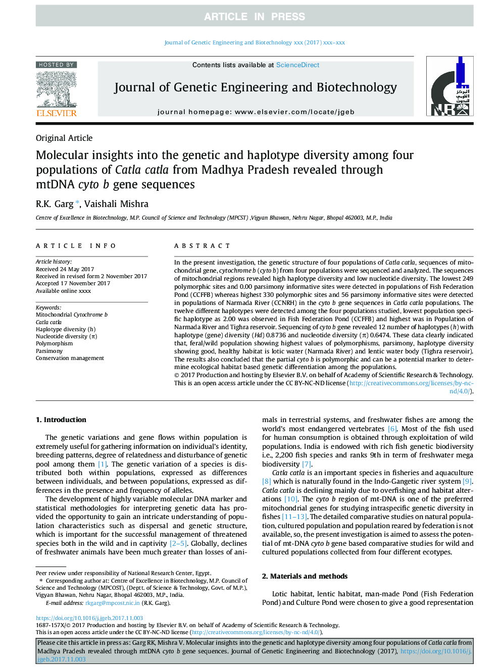 Molecular insights into the genetic and haplotype diversity among four populations of Catla catla from Madhya Pradesh revealed through mtDNA cyto b gene sequences