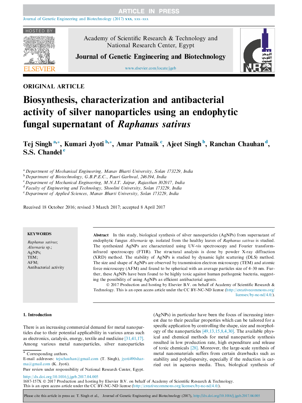 Biosynthesis, characterization and antibacterial activity of silver nanoparticles using an endophytic fungal supernatant of Raphanus sativus