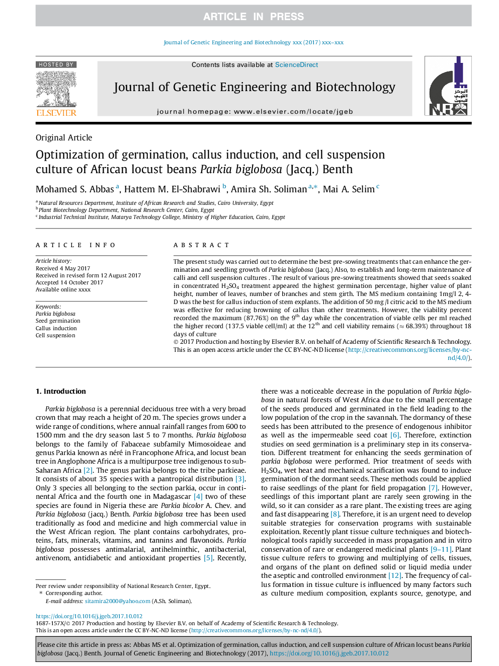 Optimization of germination, callus induction, and cell suspension culture of African locust beans Parkia biglobosa (Jacq.) Benth