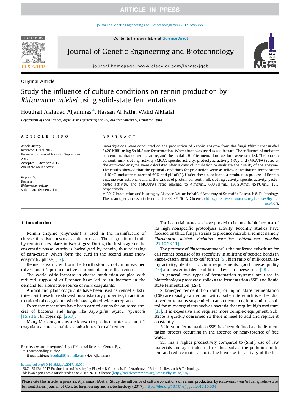 Study the influence of culture conditions on rennin production by Rhizomucor miehei using solid-state fermentations