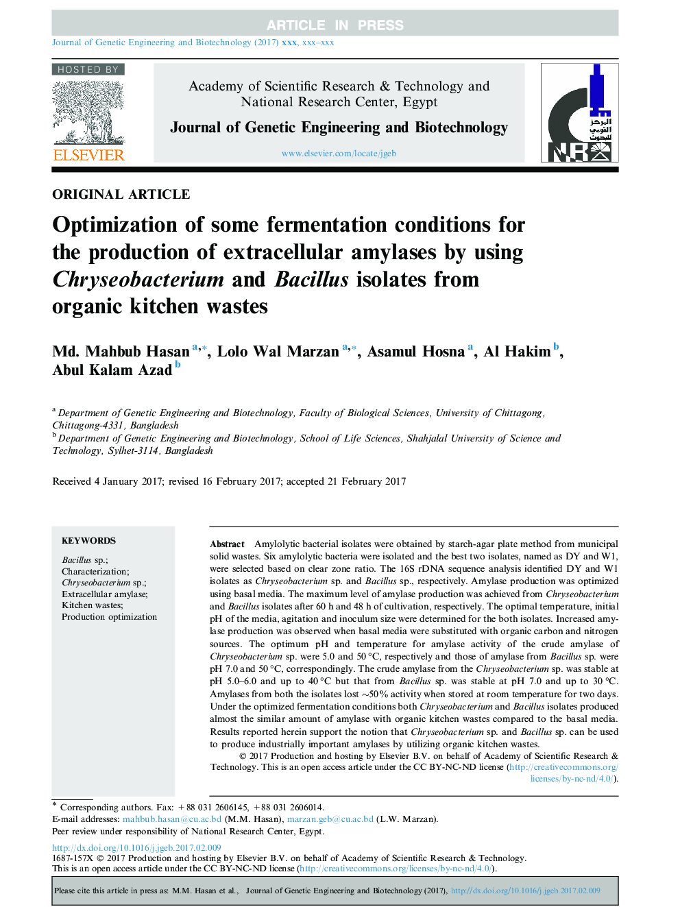 Optimization of some fermentation conditions for the production of extracellular amylases by using Chryseobacterium and Bacillus isolates from organic kitchen wastes