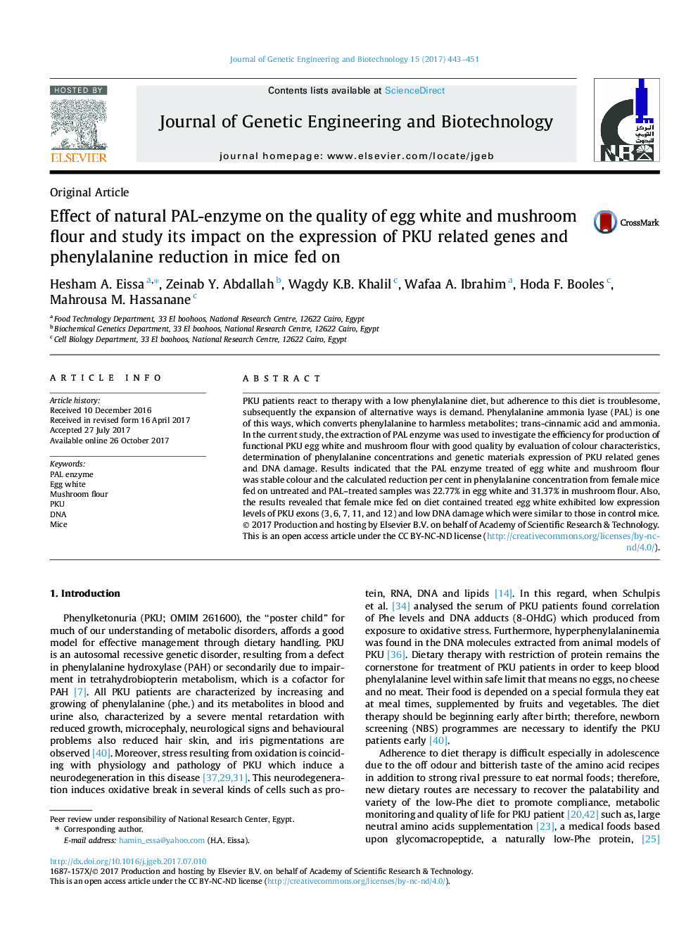 Effect of natural PAL-enzyme on the quality of egg white and mushroom flour and study its impact on the expression of PKU related genes and phenylalanine reduction in mice fed on