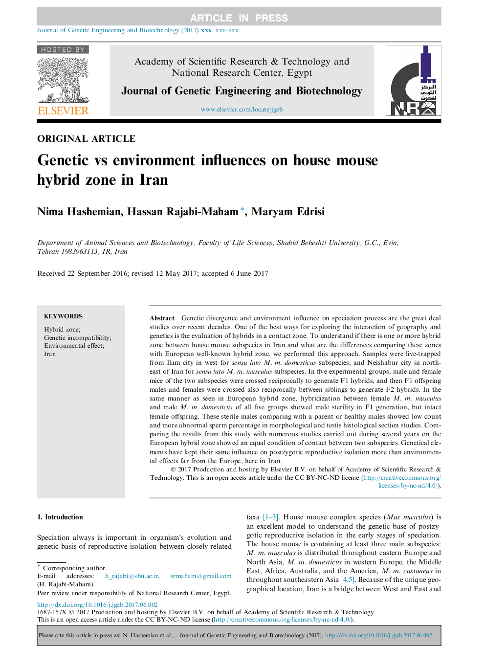 Genetic vs environment influences on house mouse hybrid zone in Iran