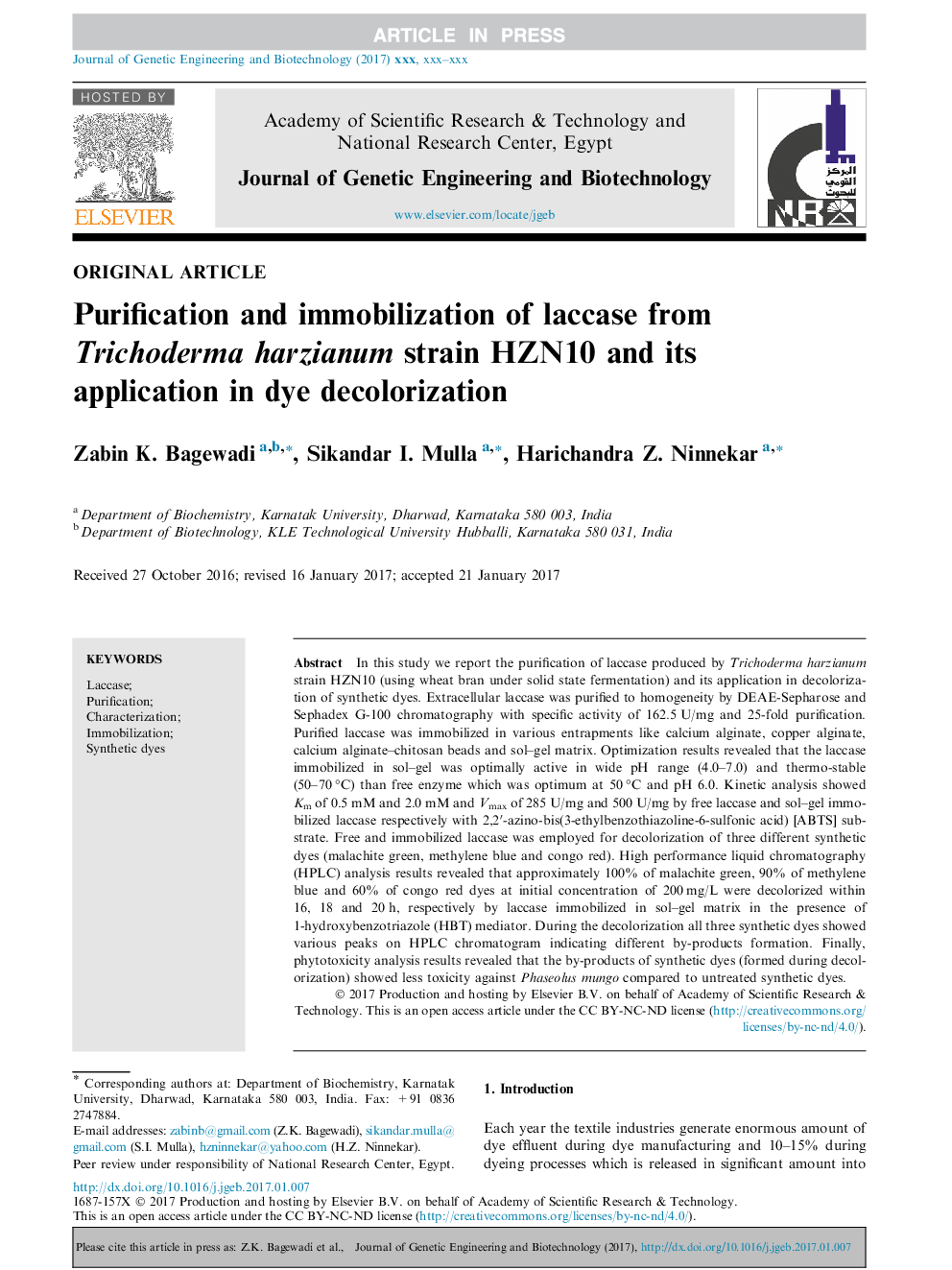 Purification and immobilization of laccase from Trichoderma harzianum strain HZN10 and its application in dye decolorization